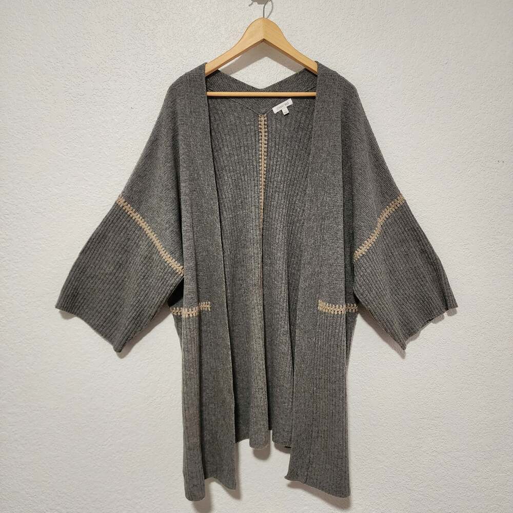 Johnny Was Grey Ribbed Knit Oversized Wool Kimono Open Cardigan Sweater Small